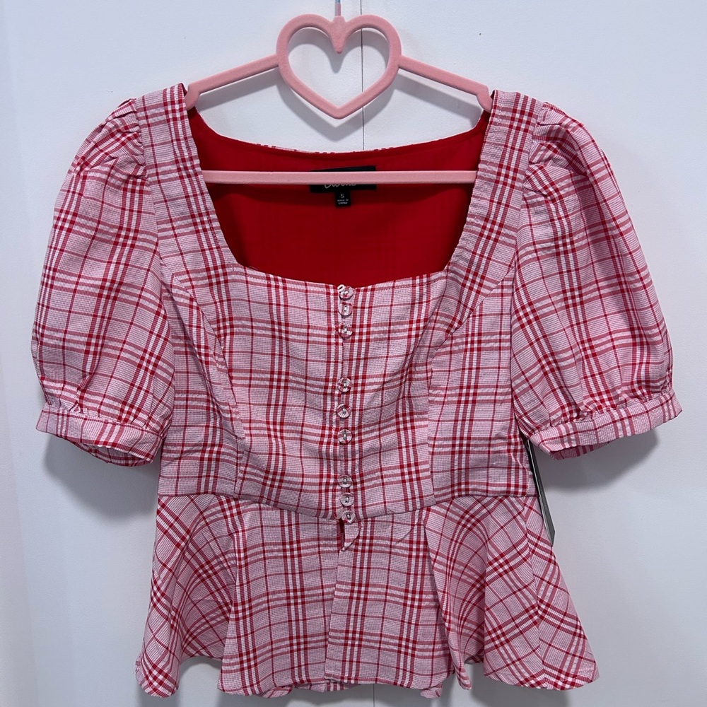 Lulu's Red/Pink Plaid Blouse